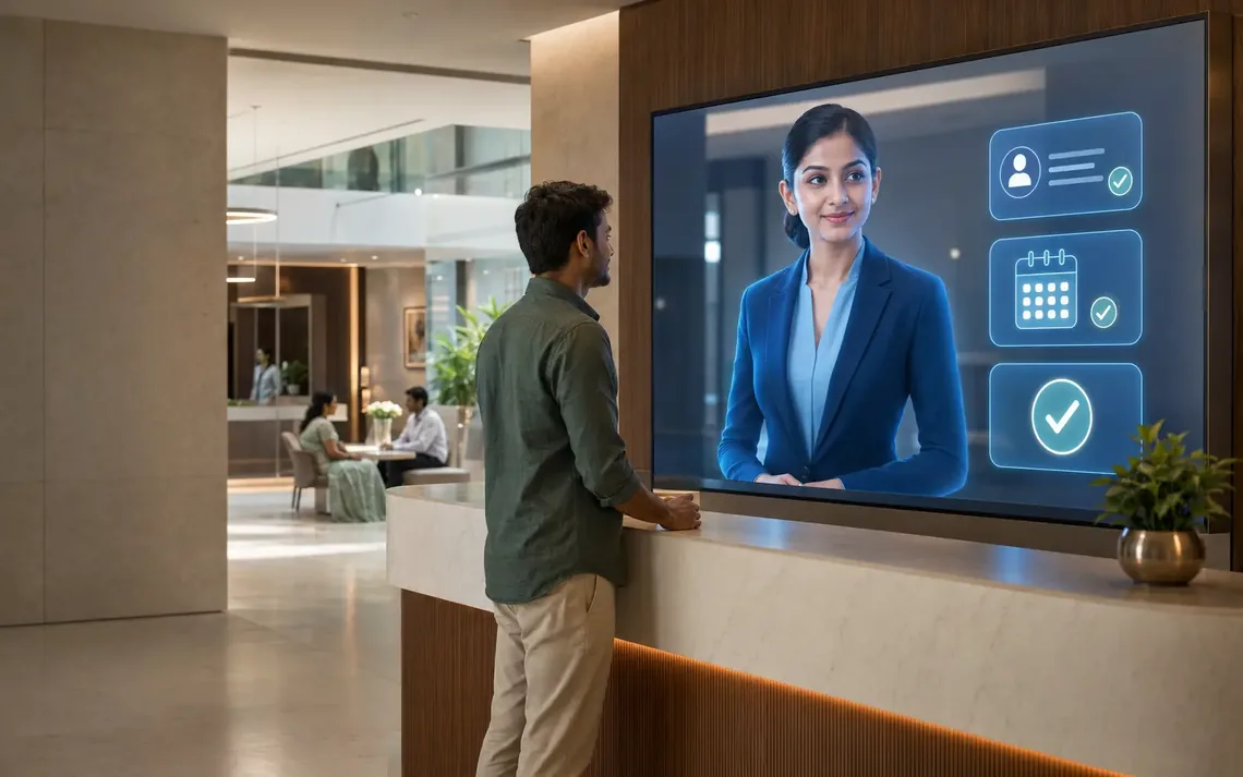 A visitor speaking with Maya on a modern reception display